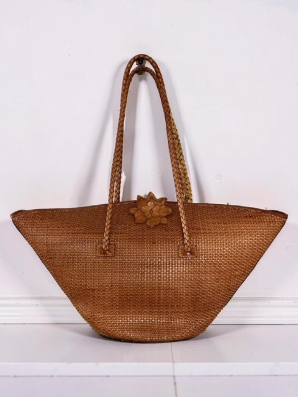 Y2K Paolo Masi Italy Woven Genuine Leather Shoulder Bag Brown HOBO Purse Floral